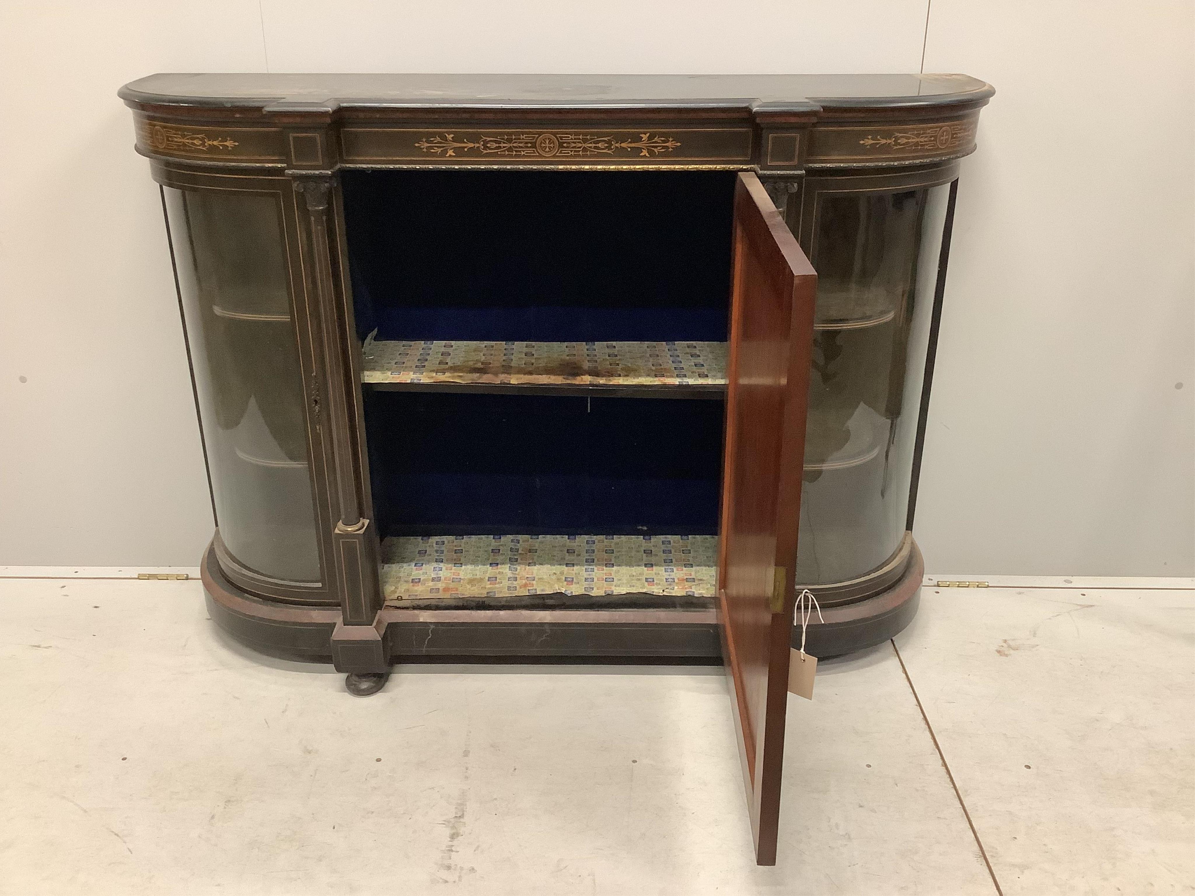 A late Victorian gilt metal mounted amboyna banded ebonised credenza, width 150cm, depth 44cm, height 106cm. Condition - poor